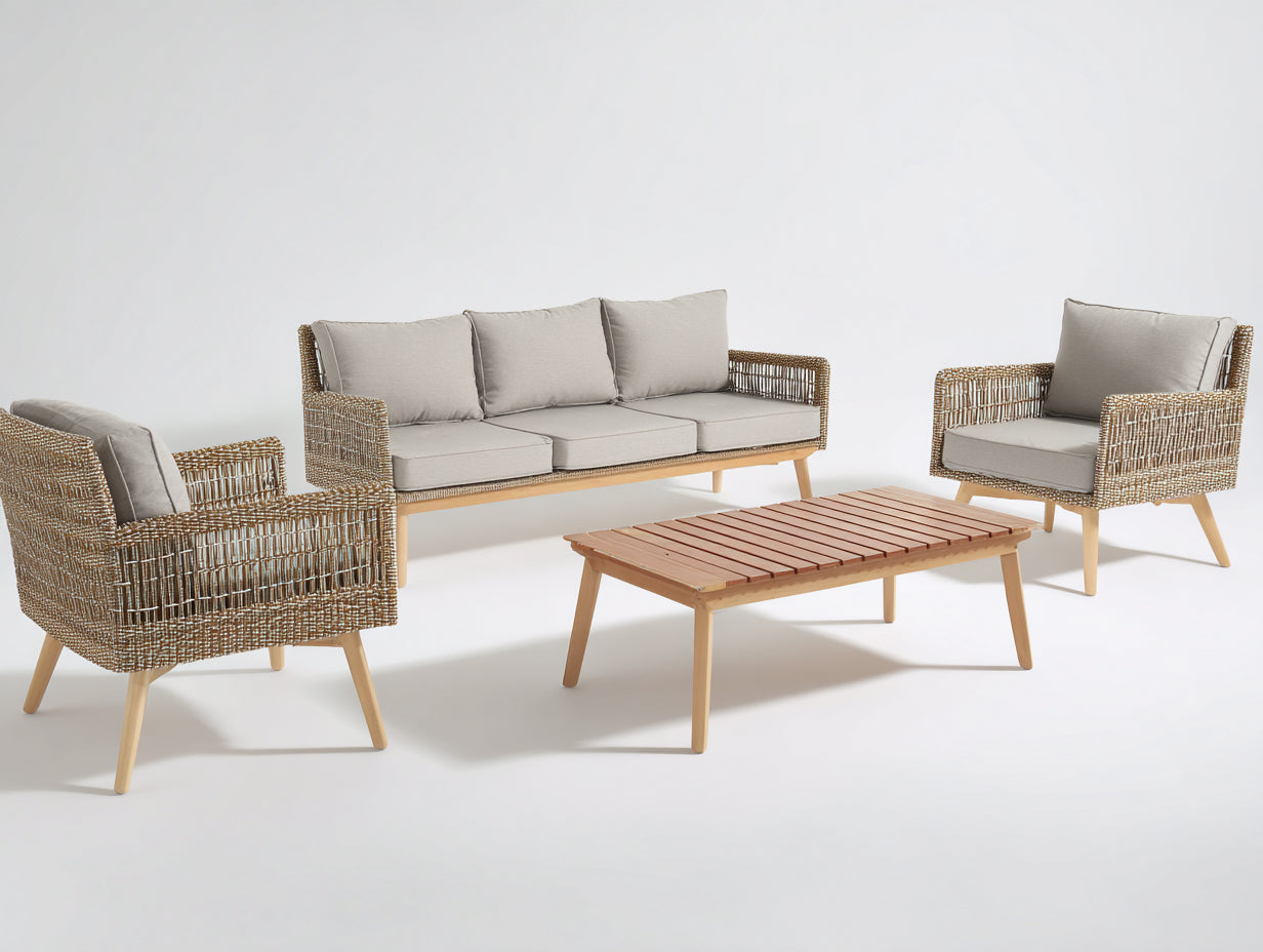 Canapé de jardin - rotin - bois - 210x72x78 cm - beige-naturel - style naturel