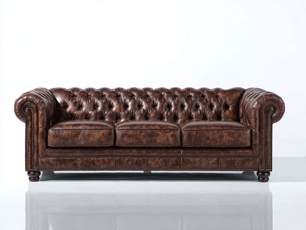 Canapé 3 places - Cuir synthétique-bois - 238x98x82 cm - Marron vieilli - Chesterfield