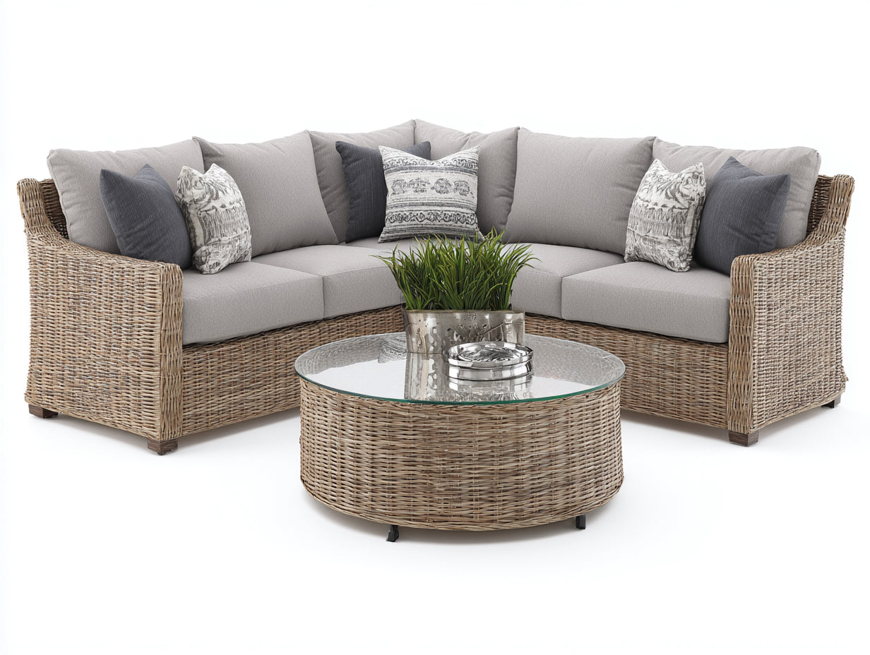 Canapé de jardin - rotin - verre - 245x245x86 cm - naturel-gris clair - style contemporain