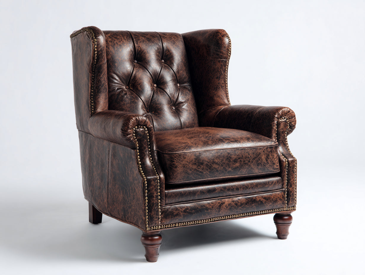 Fauteuil à oreilles - Cuir synthétique - 85x88x114 cm - Marron foncé vieilli - Chesterfield