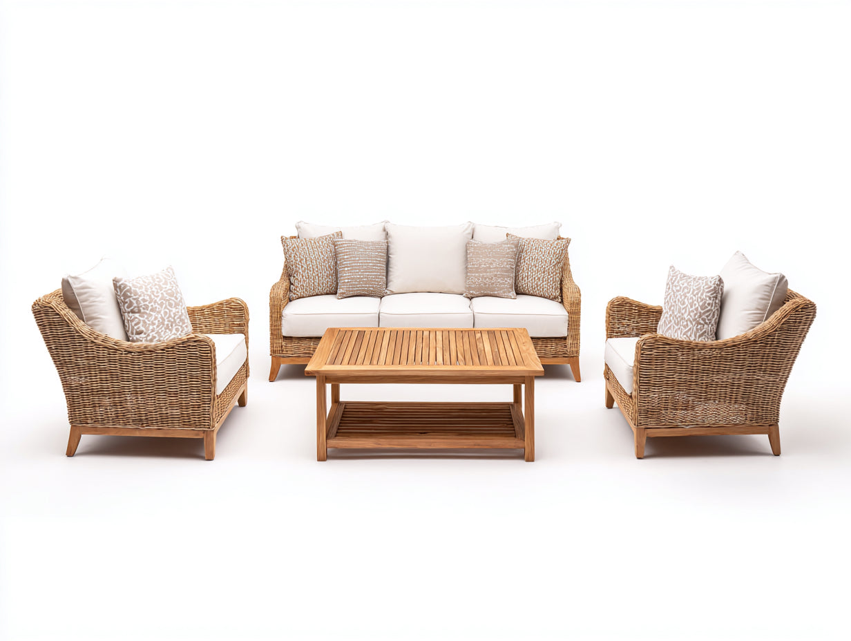 Canapé de jardin - rotin - bois - 212x84x86 cm - naturel-écru - style classique