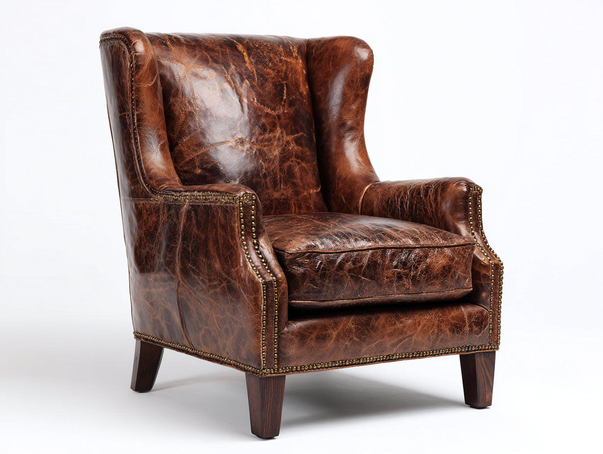 Fauteuil à oreilles - Cuir synthétique - 86x88x112 cm - Marron vieilli - Vintage