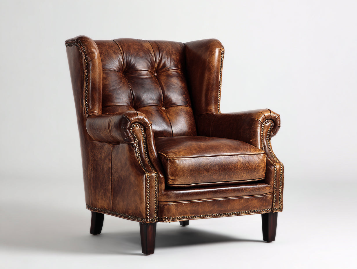 Fauteuil à oreilles - Cuir synthétique - 86x87x113 cm - Marron vintage - Chesterfield