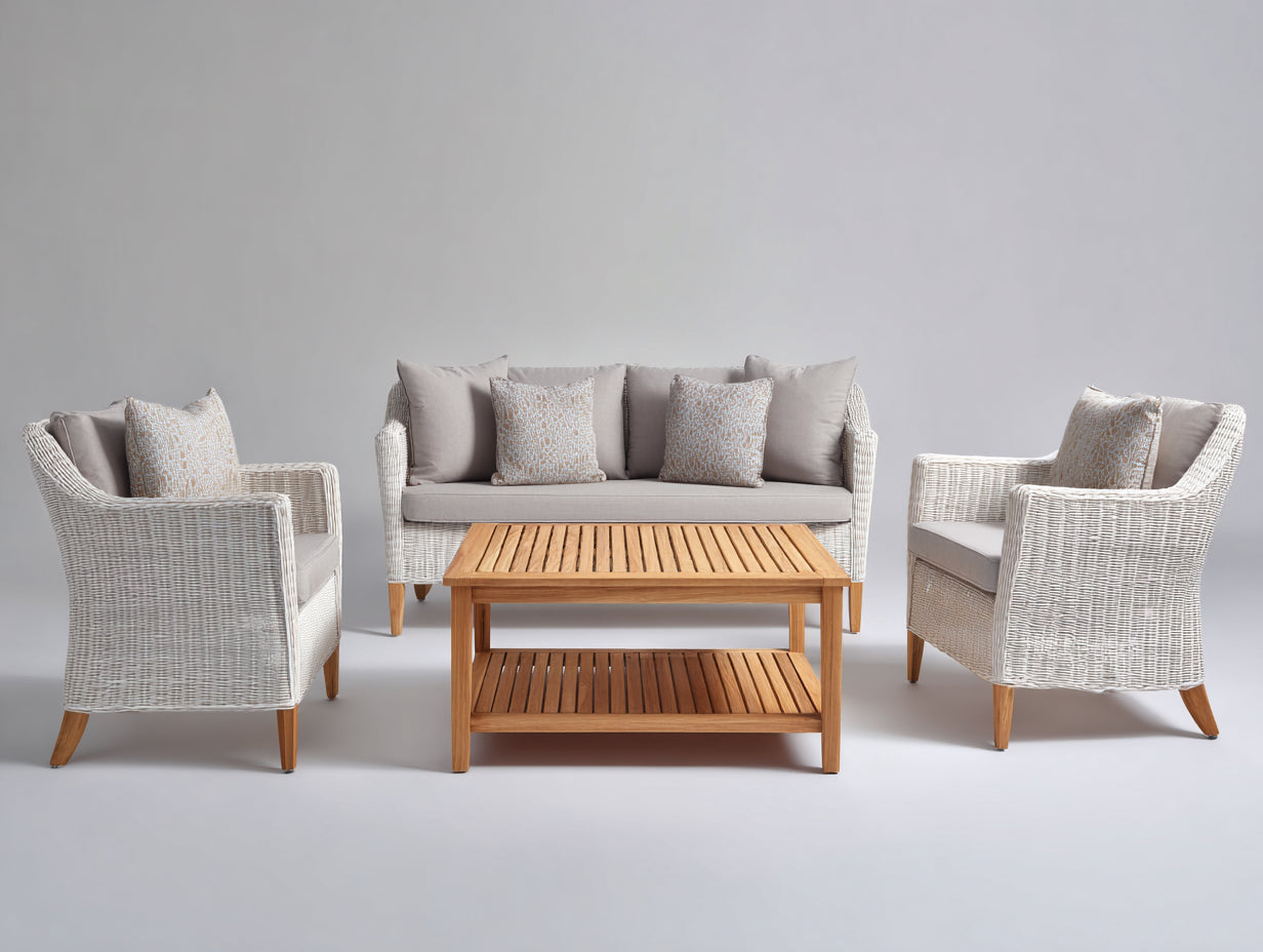 Canapé de jardin - rotin - bois - 188x74x82 cm - blanc cassé-naturel - style contemporain