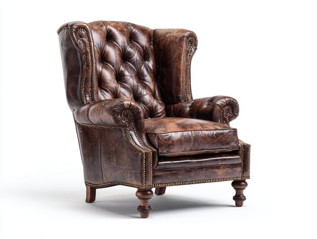 Fauteuil à oreilles - Cuir synthétique - 86x88x115 cm - Marron vieilli - Chesterfield