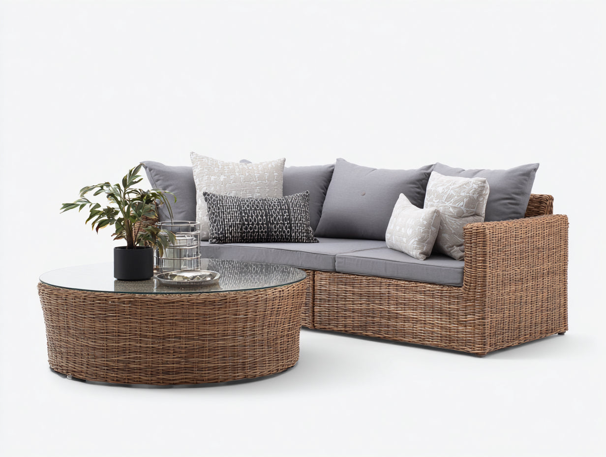 Canapé de jardin - rotin - verre - 198x86x84 cm - naturel-gris clair - style contemporain