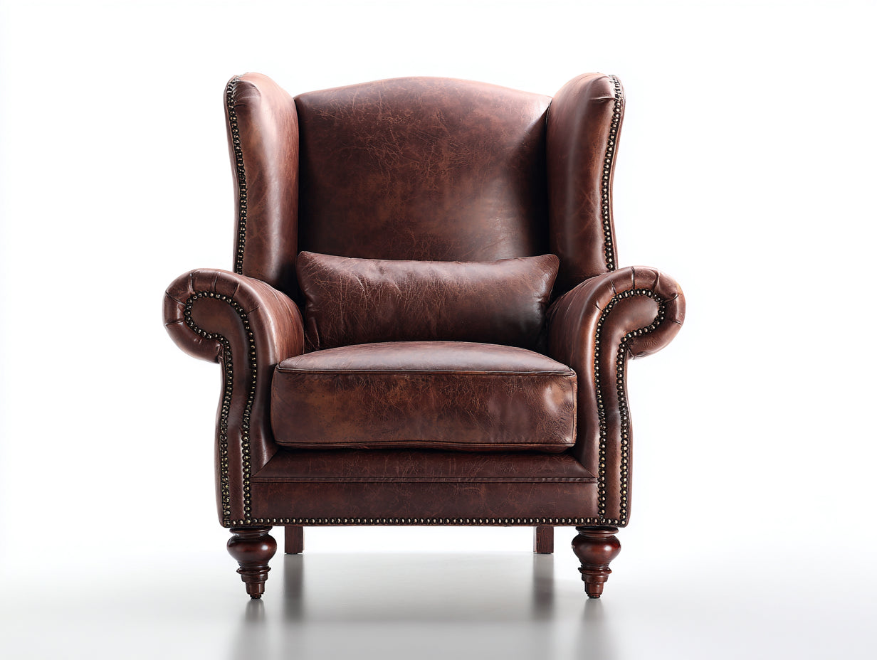 Fauteuil à oreilles - Cuir synthétique - 83x87x112 cm - Marron foncé - Vintage