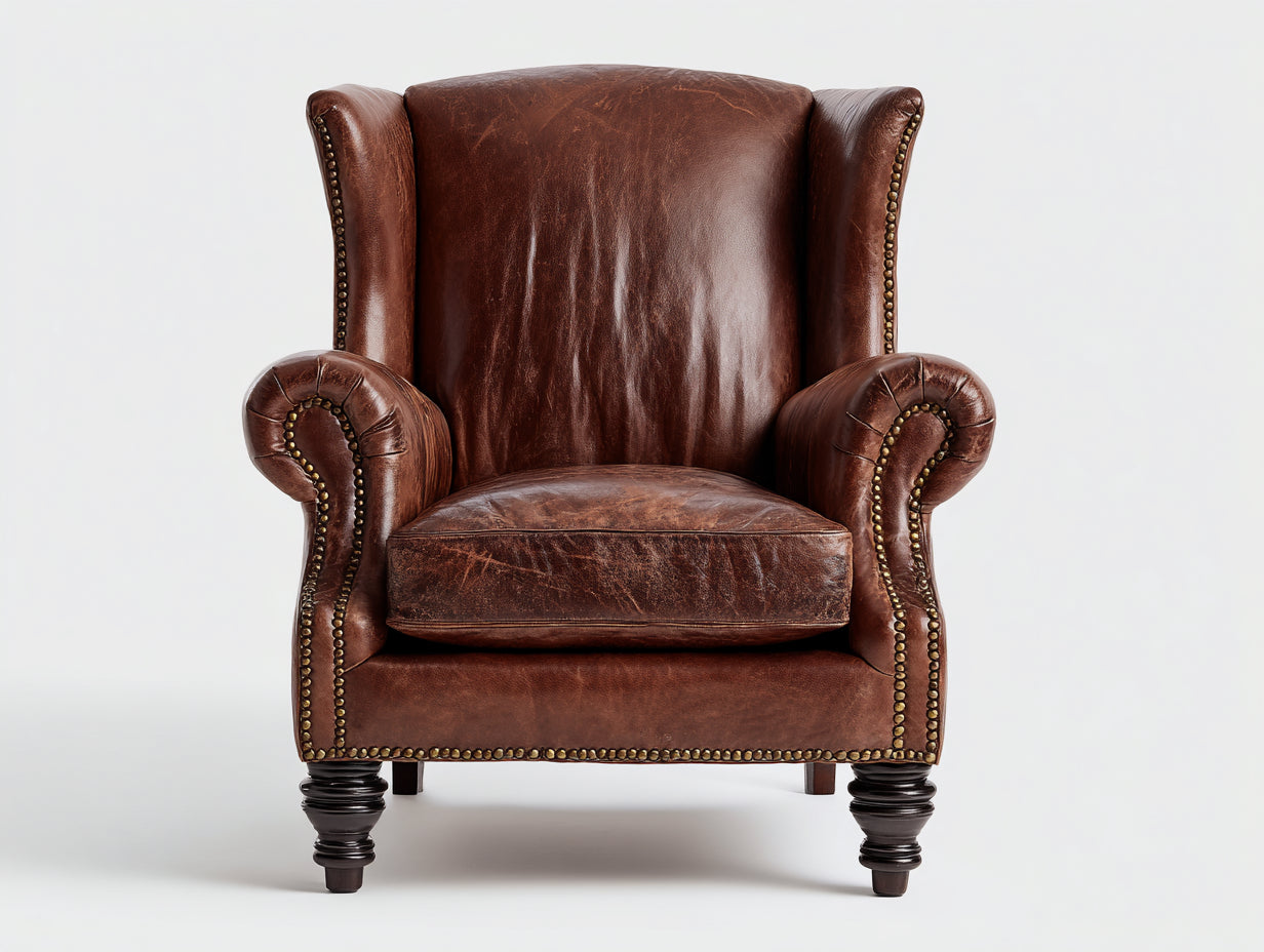 Fauteuil à oreilles - Cuir synthétique - 84x85x112 cm - Marron acajou - Vintage