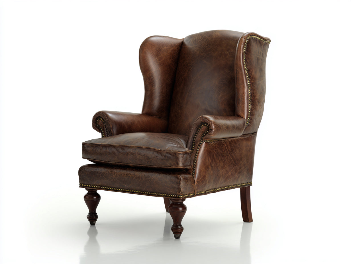 Fauteuil à oreilles - Cuir synthétique - 82x86x112 cm - Marron tabac - Vintage