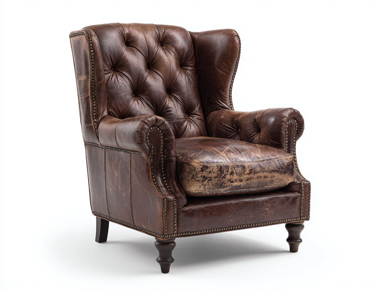 Fauteuil à oreilles - Cuir synthétique - 85x87x114 cm - Marron usé - Chesterfield
